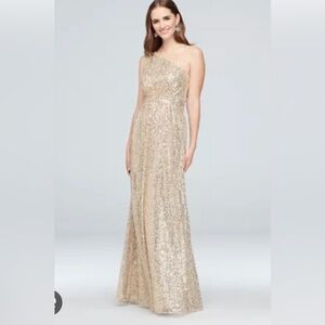 David’s Bridal gold sequin one shoulder dress